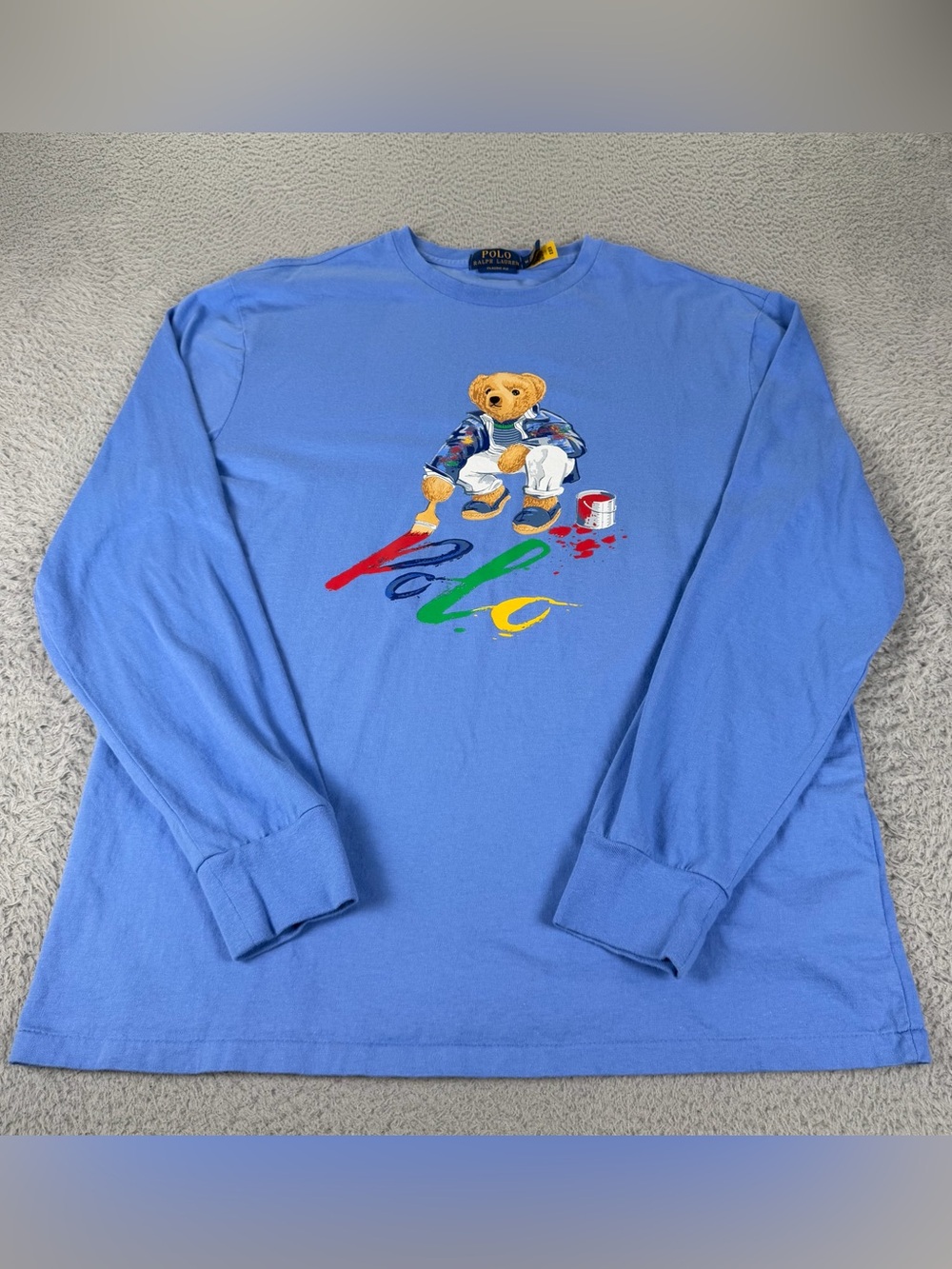 Polo Ralph Lauren Shirt Mens M Blue Classic Fit Polo Bear Graphic Long Sleeve - Picture 2 of 9
